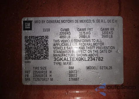 2019 GMC Terrain Sle из США, поврежденный, VIN 3GKALTEX0KL234782